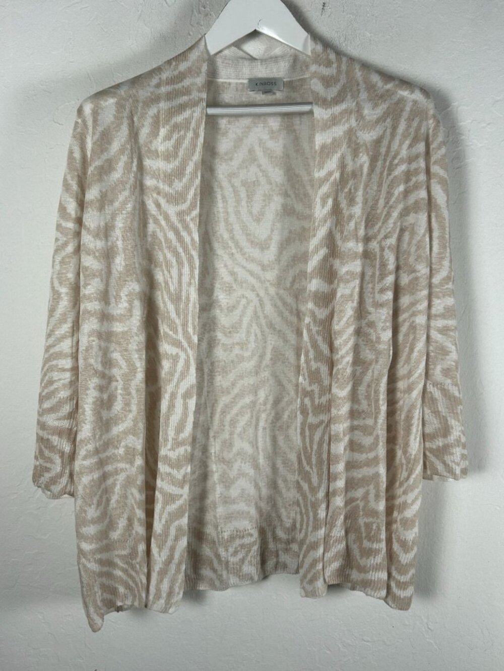 Kinross Open Front Beige Animal Print Linen Lightweight Cardigan Sweater Size XL